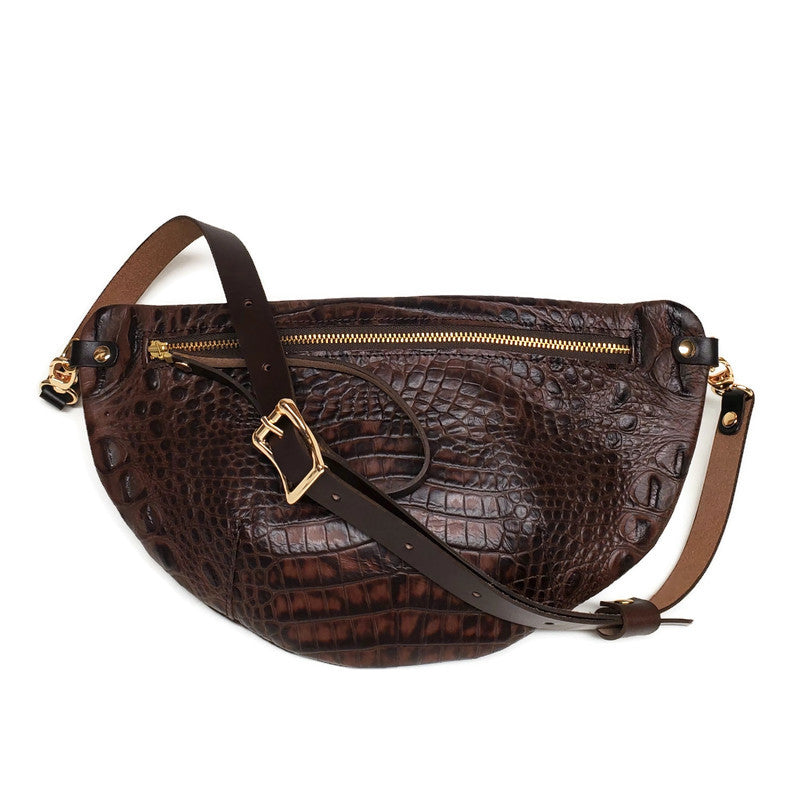 Harper Belt Bag In Cognac / Brown Crocodile Embossed Leather