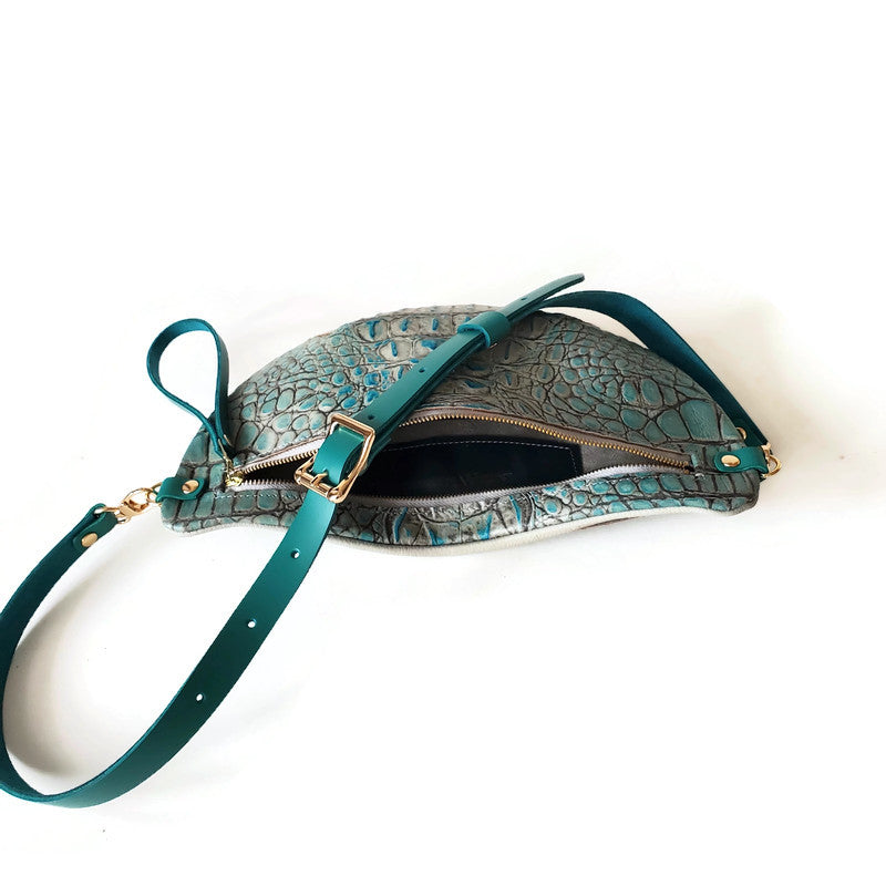 Harper Belt Bag In Turquoise Stone Crocodile Embossed Leather