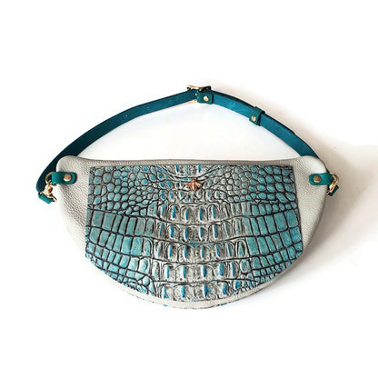 Harper Belt Bag In Turquoise Stone Crocodile Embossed Leather