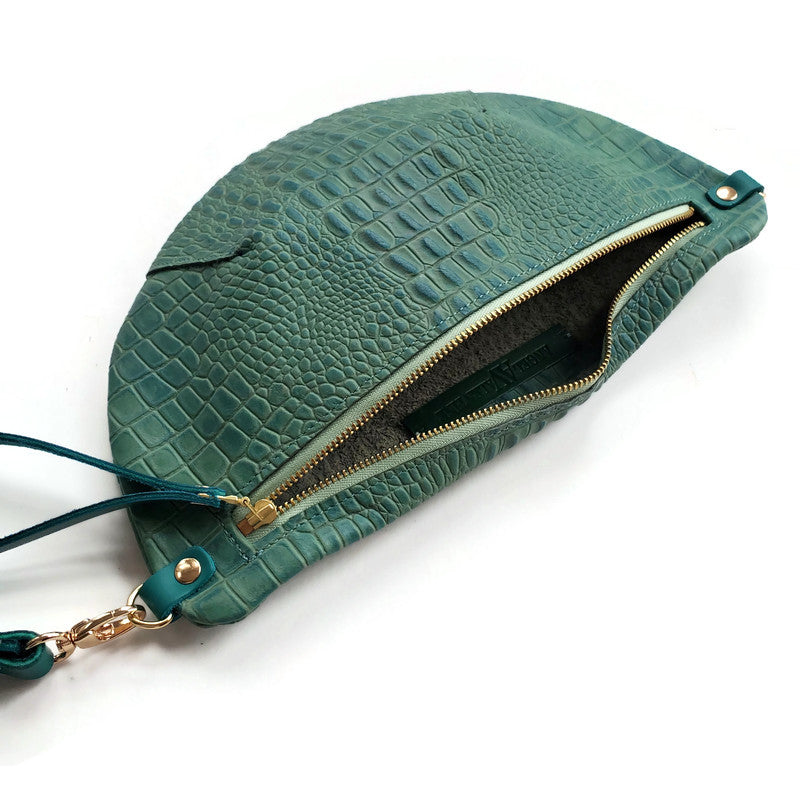 Harper Sling Bag In Seafoam Green Crocodile Embossed Leather