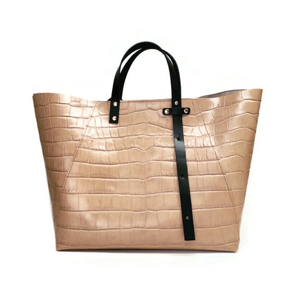 A-line Tote in Black and Tan Smooth Croc Embossed Leather