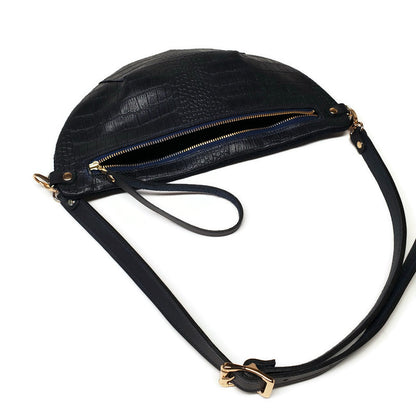 Harper Belt Bag In Navy Blue Suede & Crocodile Embossed Leather