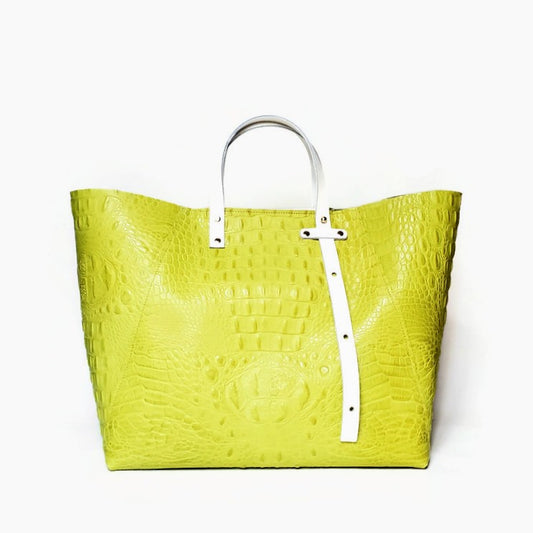 Chartreuse Crocodile-effect A-Line Tote Bag