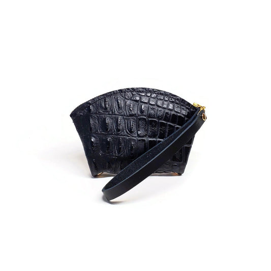 Fan zip wallet in black croc-effect
